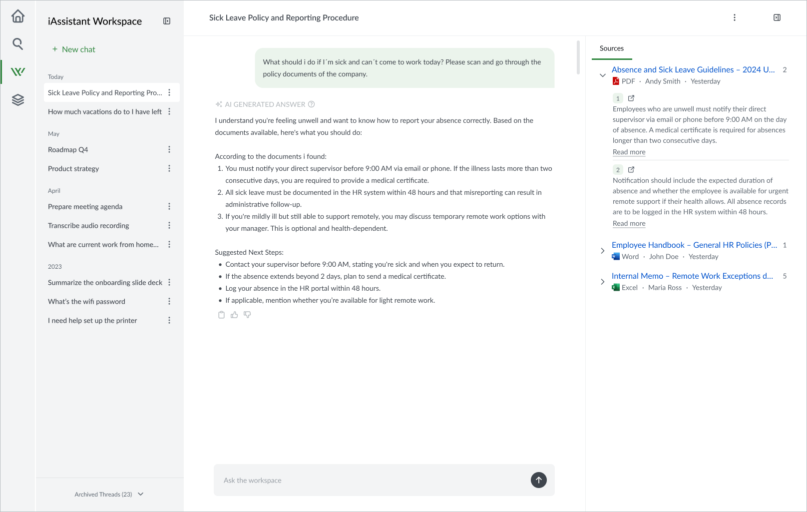 Nutzeroberfläche iAssistant Workspace