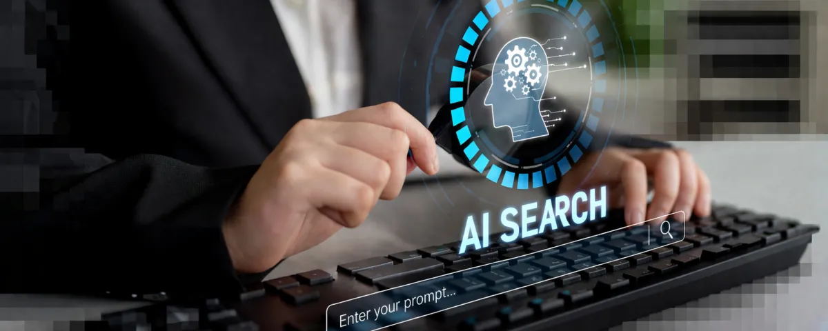 Employee at a keyboard with an AI search icon