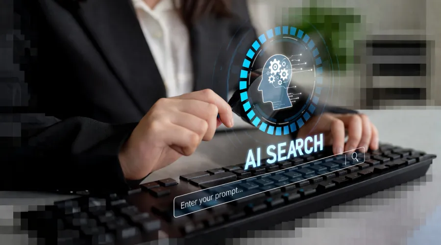Employee at a keyboard with an AI search icon